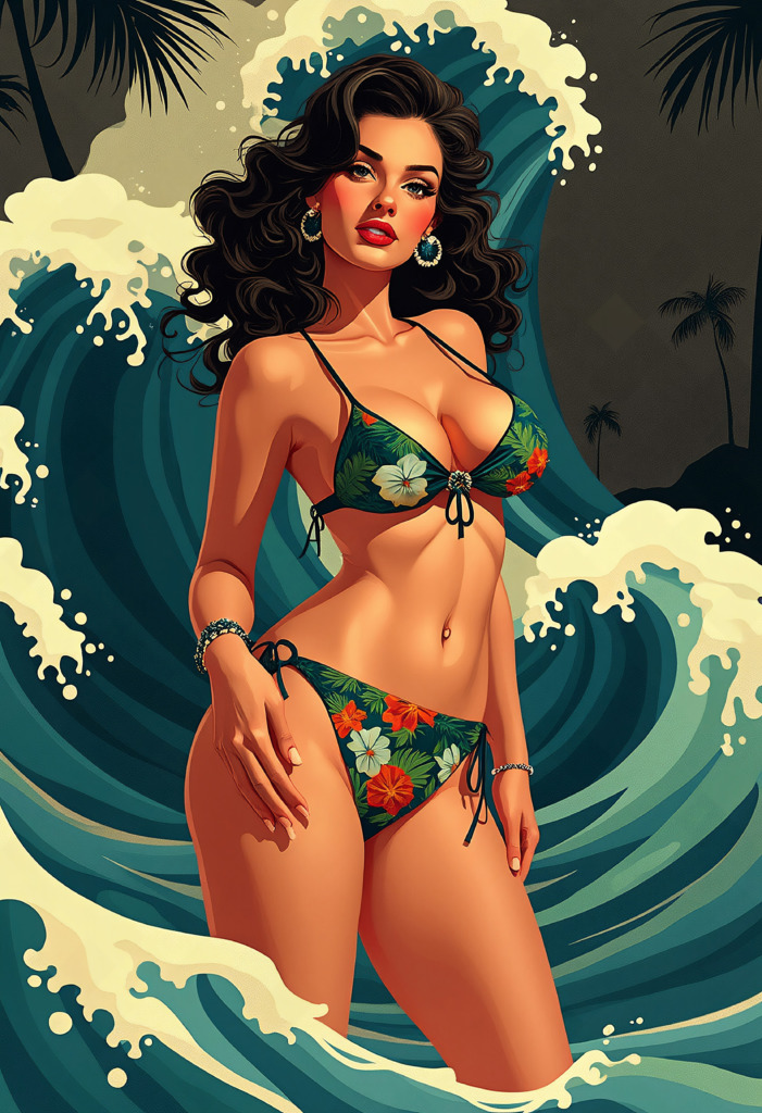 A beautiful woman in a vibrant floral bikini stands confidently in front of crashing ocean waves. Her long, flowing hair frames her face, accentuating her striking features. The background showcases a tropical beach scene with palm trees and dynamic waves, creating a lively and inviting atmosphere. The colors are rich and vivid, highlighting the playful spirit of summer.