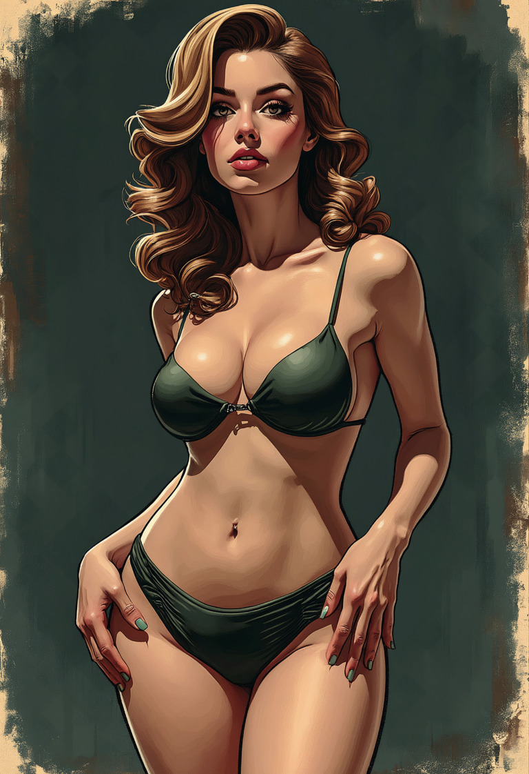 This image features a stunning woman with long, flowing hair styled in soft waves, wearing a chic green bikini. Her confident pose highlights her graceful figure, accentuated by the subtle details of her outfit. The background is a muted tone that enhances her striking features, making her the focal point of the composition. The overall aesthetic combines elegance and allure, capturing a moment of beauty and self-assurance.