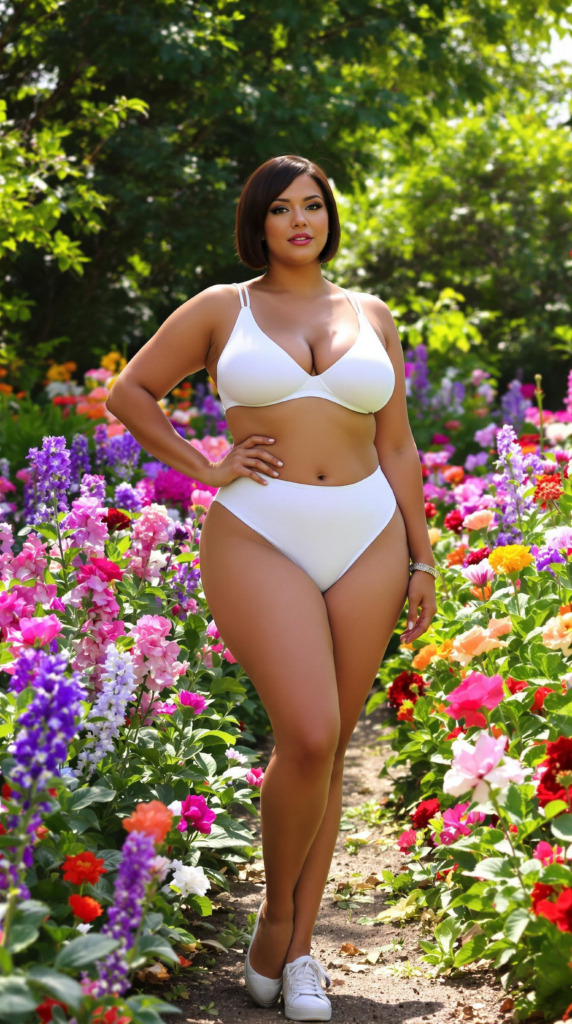 An enchanting image of a curvy Argentinian woman standing in a lush spring garden, adorned in a sleek white bikini. Her ample curves and short hair enhance her modern elegance, set against a backdrop of colorful blossoms and vibrant greenery. Sunlight filters through the trees, casting soft patterns and highlighting the beauty of the scene. This image, available in the public domain under a CC0 license, captures the essence of spring's renewal and natural beauty, free for public use and sharing.