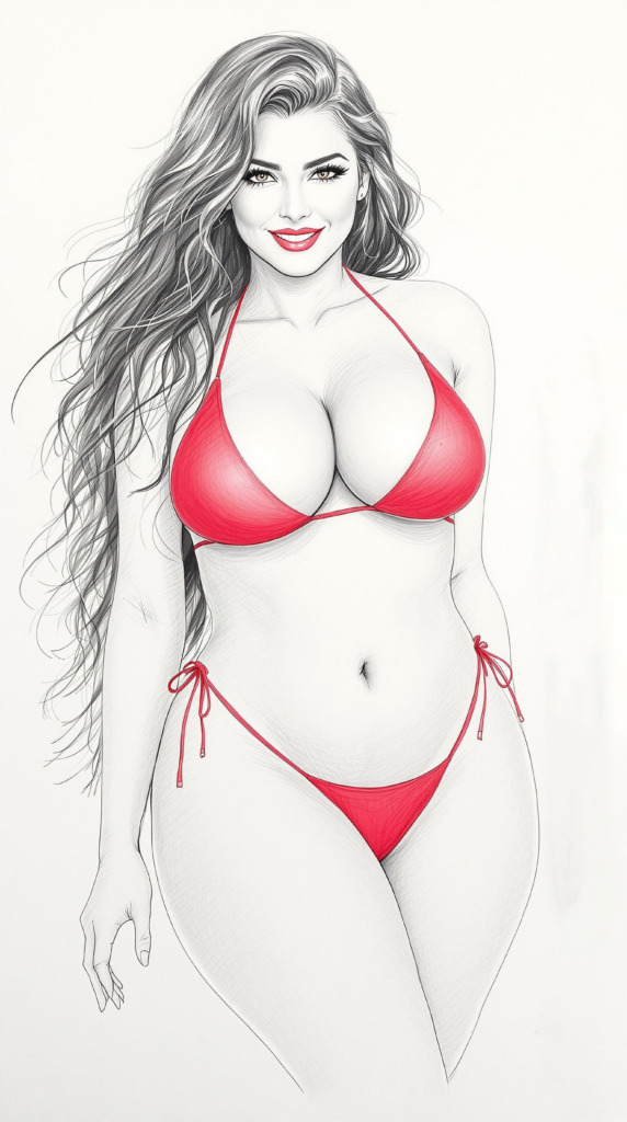 A captivating bikini art drawing featuring a woman in a red bikini. The illustration showcases intricate line work and shading, highlighting the subject's flowing hair and confident expression. This public domain image is perfect for creative projects, offering a blend of elegance and artistic flair.