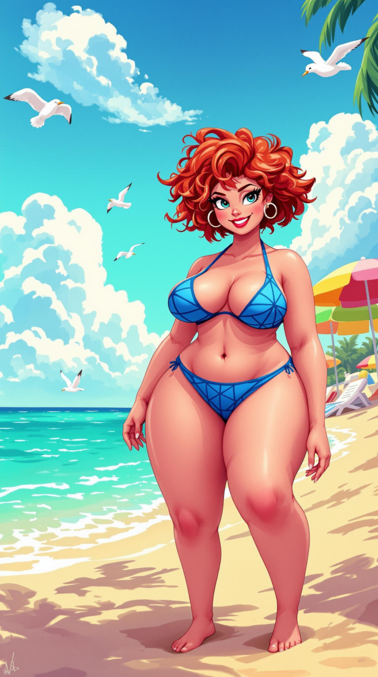 A lively cartoon image of a curvy, busty redhead woman with short, frizzy hair, wearing a striking blue string bikini. She stands on a sunny beach, her vibrant presence enhanced by the golden sands and turquoise ocean waters. The sky is dotted with puffy white clouds, and playful seagulls fly overhead. The scene is dotted with colorful beach umbrellas, capturing the fun and carefree spirit of a beach day. This image is available in the public domain under the CC0 license, free for public use and sharing.