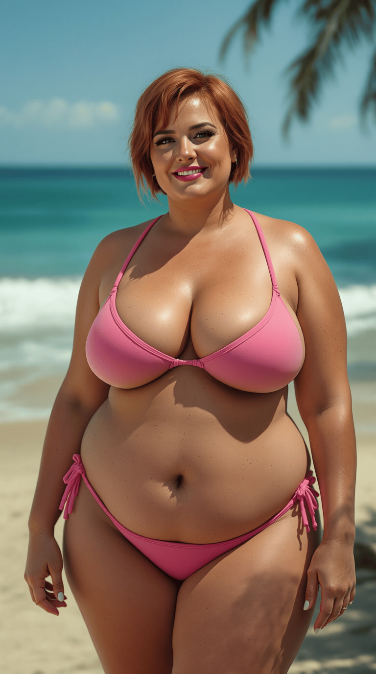 Plus-size model in pink bikini smiling on a tropical beach, promoting body positivity and stylish beachwear.